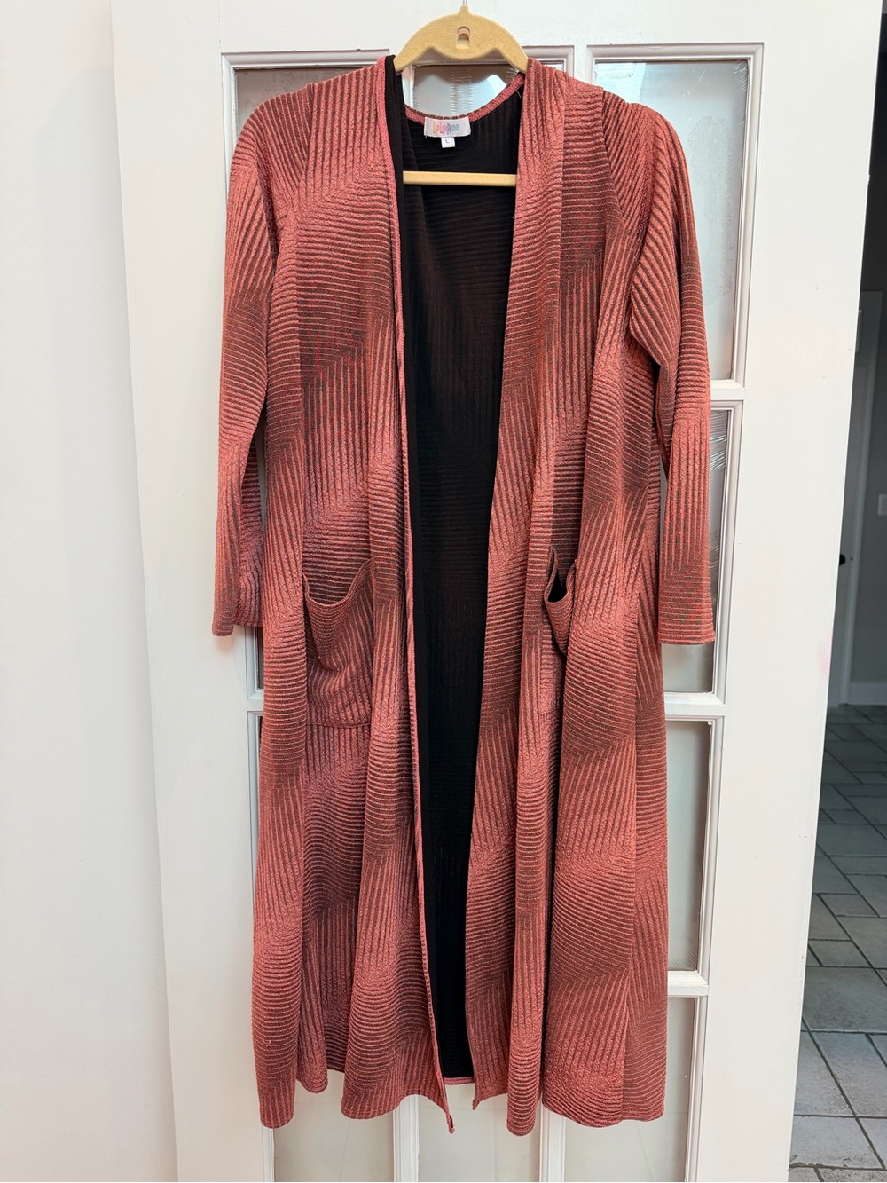 LuLaRoe Sarah Long Open-Front Pink Black Ribbed Cardigan Duster Sweater Size L